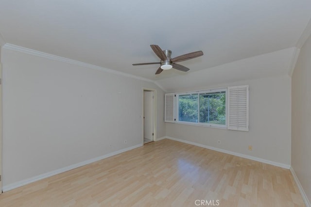 19134 Alamo Ln Unit 162, Yorba Linda, CA 92886 - empty room featuring light wood finished floors, baseboards, crown molding, ceiling fan, and lofted ceiling