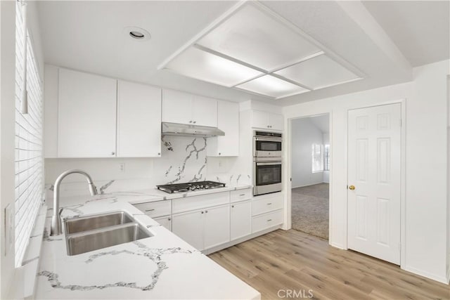 21965 Jeffers Ln, Saugus, CA 91350 - kitchen featuring a sink, under cabinet range hood, stainless steel appliances, light wood-type flooring, and white cabinetry