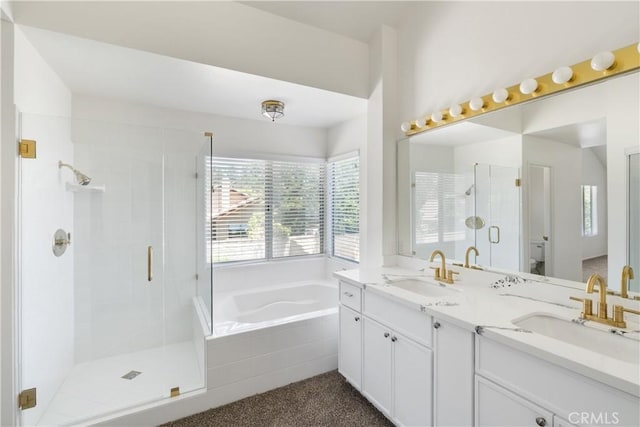 21965 Jeffers Ln, Saugus, CA 91350 - full bathroom with a garden tub, a stall shower, double vanity, and toilet