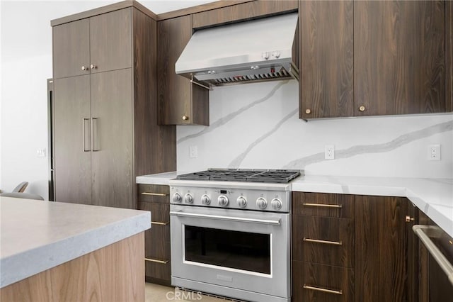 2305 Henrietta Ave, La Crescenta, CA 91214 - kitchen featuring high end stainless steel range, extractor fan, dark brown cabinetry, and modern cabinets