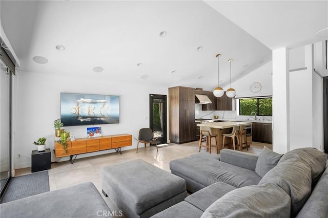 2305 Henrietta Ave, La Crescenta, CA 91214 - living area featuring high vaulted ceiling, light tile patterned floors, recessed lighting, and baseboards