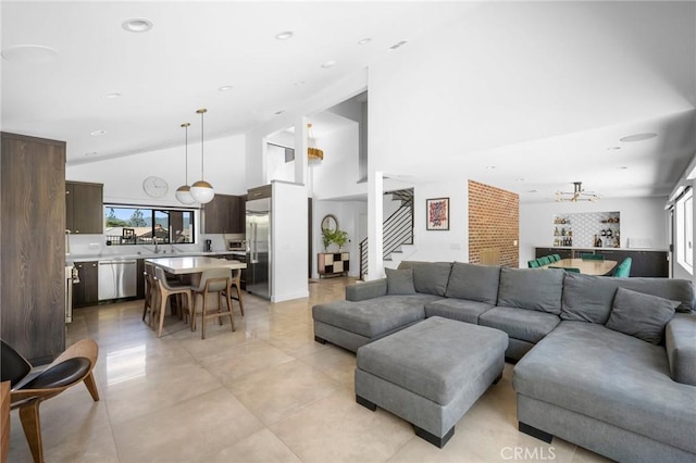 2305 Henrietta Ave, La Crescenta, CA 91214 - living area featuring plenty of natural light, stairway, high vaulted ceiling, and recessed lighting