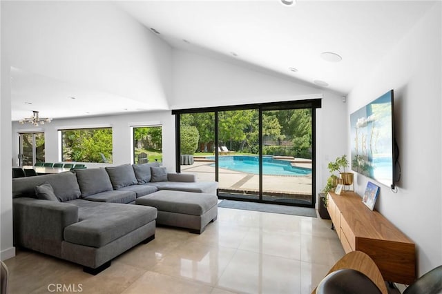 2305 Henrietta Ave, La Crescenta, CA 91214 - living area featuring plenty of natural light, a chandelier, light tile patterned flooring, recessed lighting, and high vaulted ceiling
