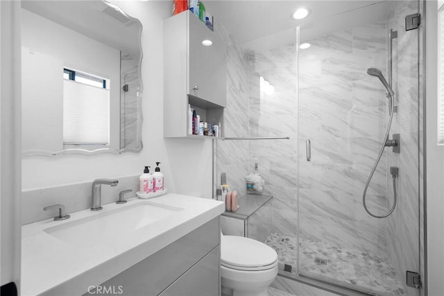 2305 Henrietta Ave, La Crescenta, CA 91214 - full bath with vanity, toilet, a marble finish shower, and recessed lighting