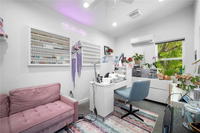 2305 Henrietta Ave, La Crescenta, CA 91214 - carpeted office space featuring an AC wall unit, recessed lighting, ceiling fan, and vaulted ceiling