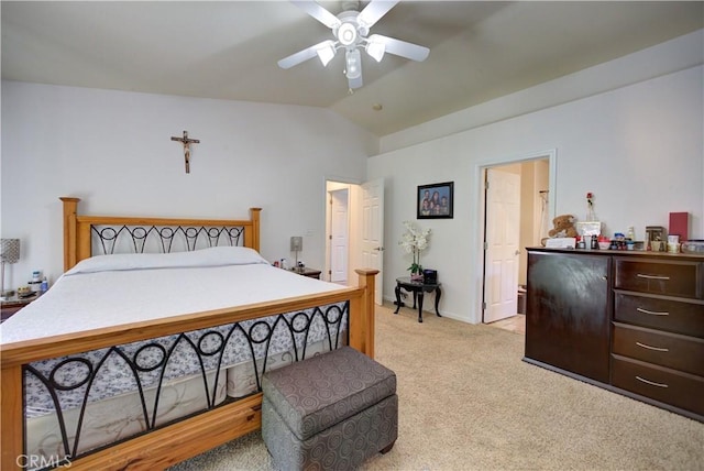9024 Cascada Rd, Atascadero, CA 93422 - bedroom featuring light carpet, lofted ceiling, baseboards, and ceiling fan