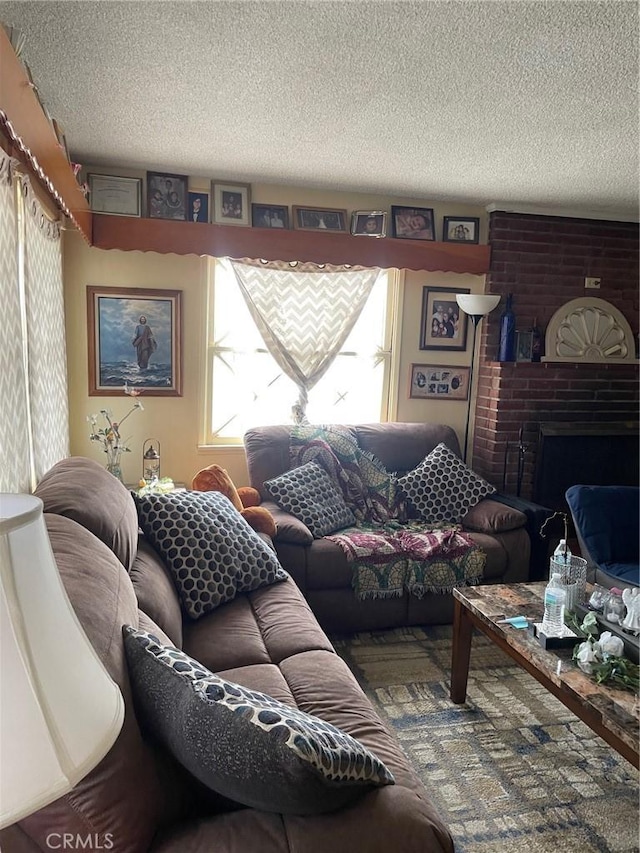 1017 Avenida De Pio Pico, Placentia, CA 92870 - living area featuring a textured ceiling and a brick fireplace