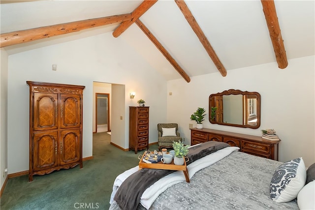 531 Killington Way, Big Bear Lake, CA 92315 - bedroom with beam ceiling, carpet flooring, baseboards, and high vaulted ceiling