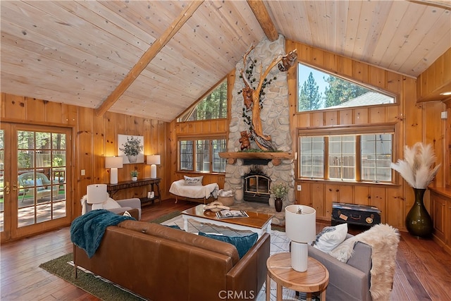 531 Killington Way, Big Bear Lake, CA 92315 - living room with hardwood / wood-style flooring, wood walls, wood ceiling with exposed beams, and high vaulted ceiling