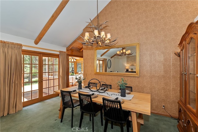 531 Killington Way, Big Bear Lake, CA 92315 - dining space with a chandelier, french doors, carpet flooring, high vaulted ceiling, and beam ceiling