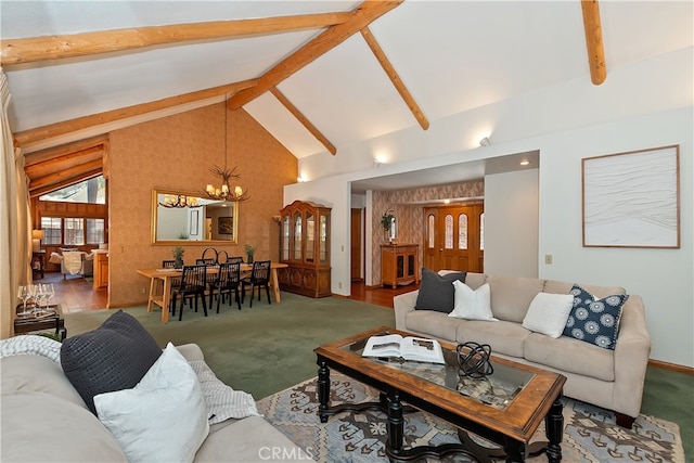 531 Killington Way, Big Bear Lake, CA 92315 - living room with beamed ceiling, carpet floors, a chandelier, and high vaulted ceiling