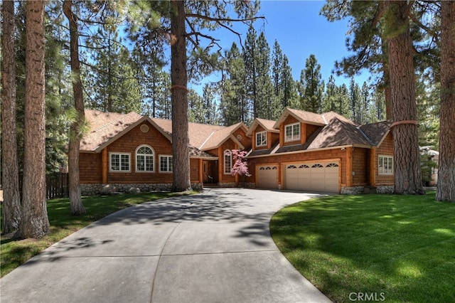 531 Killington Way, Big Bear Lake, CA 92315 - view of front of house featuring concrete driveway, a front lawn, and an attached garage