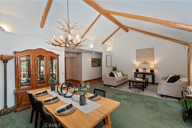 531 Killington Way, Big Bear Lake, CA 92315 - dining space with carpet, a chandelier, beam ceiling, high vaulted ceiling, and baseboards