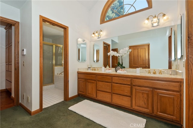 531 Killington Way, Big Bear Lake, CA 92315 - full bath featuring a stall shower, double vanity, a bath, and baseboards