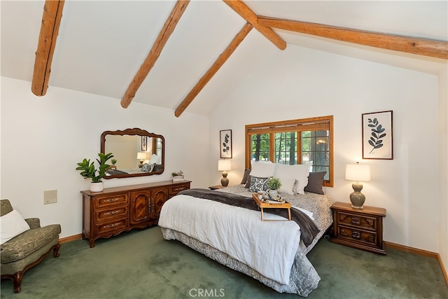 531 Killington Way, Big Bear Lake, CA 92315 - carpeted bedroom with beamed ceiling, baseboards, and high vaulted ceiling