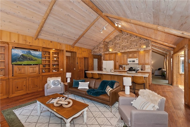 531 Killington Way, Big Bear Lake, CA 92315 - living room featuring light wood-style flooring, wooden walls, wooden ceiling with exposed beams, and high vaulted ceiling