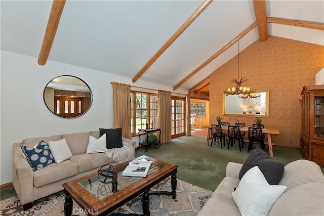 531 Killington Way, Big Bear Lake, CA 92315 - carpeted living area featuring a chandelier, beamed ceiling, and high vaulted ceiling