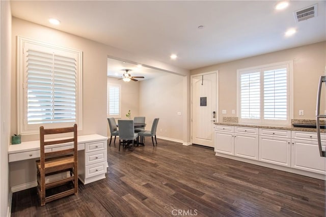 45668 Nora Cir, Temecula, CA 92592 - kitchen with dark wood finished floors, white cabinets, a ceiling fan, recessed lighting, and baseboards