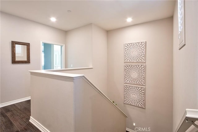 45668 Nora Cir, Temecula, CA 92592 - hall featuring an upstairs landing, dark wood-style flooring, baseboards, and recessed lighting