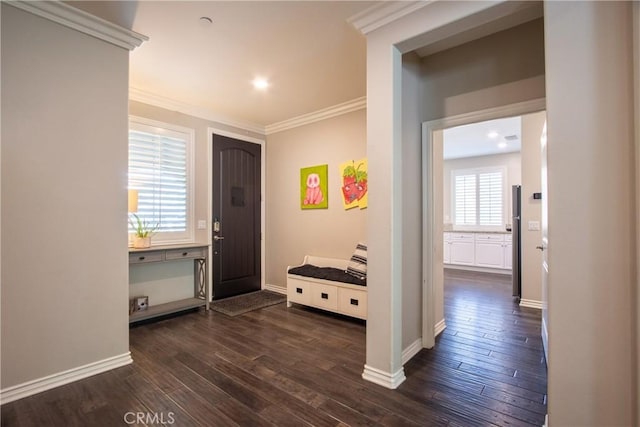 45668 Nora Cir, Temecula, CA 92592 - hallway featuring dark wood-style flooring, crown molding, baseboards, and recessed lighting