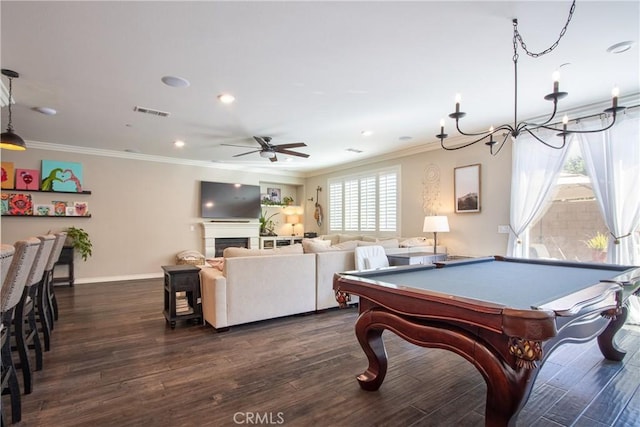 45668 Nora Cir, Temecula, CA 92592 - playroom featuring ceiling fan, crown molding, dark wood-type flooring, baseboards, and billiards