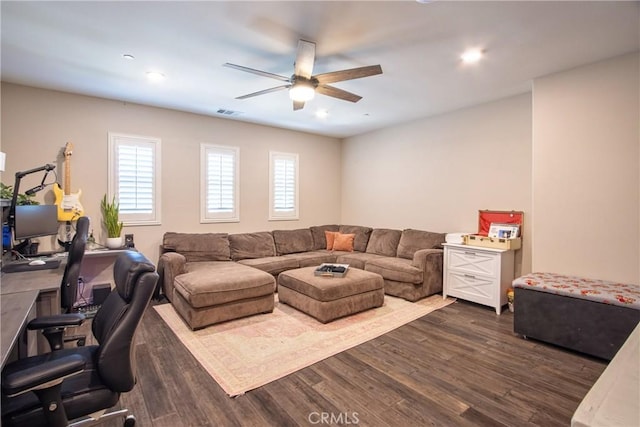 45668 Nora Cir, Temecula, CA 92592 - living room featuring ceiling fan, dark wood finished floors, an office area, and recessed lighting
