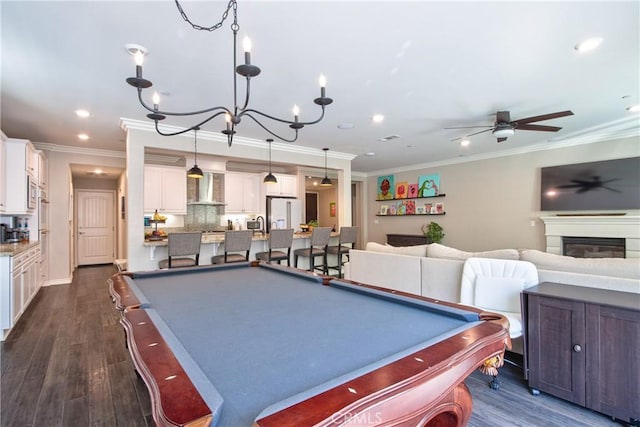 45668 Nora Cir, Temecula, CA 92592 - playroom featuring billiards, recessed lighting, ceiling fan, dark wood-type flooring, and crown molding