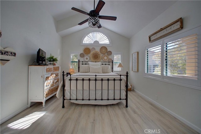 6456 Twinberry Cir, Avila Beach, CA 93424 - bedroom featuring light wood-type flooring, baseboards, vaulted ceiling, and ceiling fan
