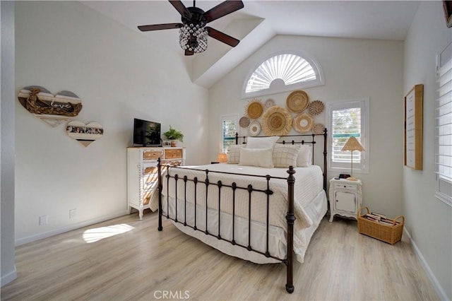 6456 Twinberry Cir, Avila Beach, CA 93424 - bedroom with wood finished floors, baseboards, ceiling fan, and high vaulted ceiling