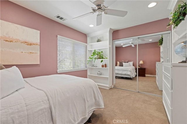 26520 Thackery Ln, Stevenson Ranch, CA 91381 - bedroom with light colored carpet, recessed lighting, a ceiling fan, and a closet