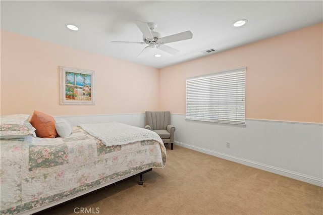 26520 Thackery Ln, Stevenson Ranch, CA 91381 - bedroom featuring wainscoting, carpet flooring, recessed lighting, and a ceiling fan