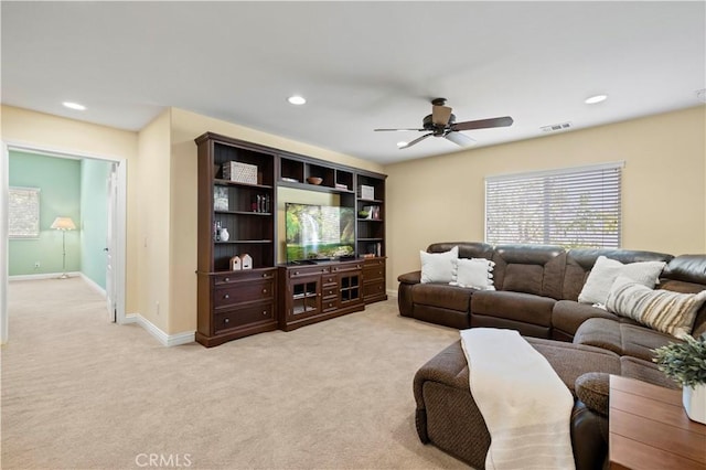 26520 Thackery Ln, Stevenson Ranch, CA 91381 - living room featuring a ceiling fan, light colored carpet, and recessed lighting