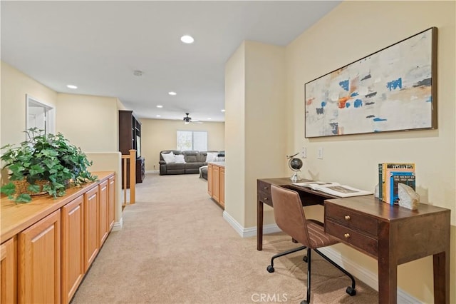 26520 Thackery Ln, Stevenson Ranch, CA 91381 - office with light colored carpet, recessed lighting, and a ceiling fan