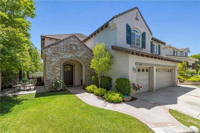 26520 Thackery Ln, Stevenson Ranch, CA 91381 - view of front of property featuring stucco siding, an attached garage, stone siding, driveway, and a tile roof