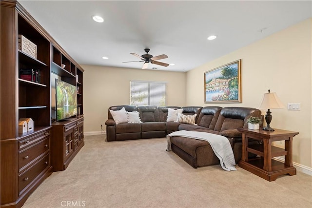 26520 Thackery Ln, Stevenson Ranch, CA 91381 - living room featuring light carpet, a ceiling fan, and recessed lighting
