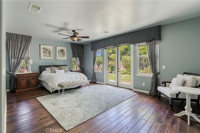 36702 Doreen Dr, Murrieta, CA 92563 - bedroom featuring access to outside, baseboards, dark wood finished floors, and a ceiling fan