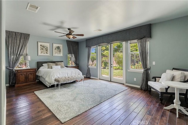 36702 Doreen Dr, Murrieta, CA 92563 - bedroom with access to exterior, dark wood-style floors, and a ceiling fan