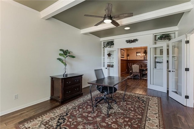 36702 Doreen Dr, Murrieta, CA 92563 - office space featuring hardwood / wood-style flooring, french doors, ceiling fan, crown molding, and baseboards