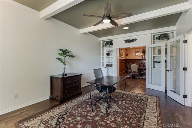 36702 Doreen Dr, Murrieta, CA 92563 - office space with wood-type flooring, french doors, ceiling fan, crown molding, and beamed ceiling