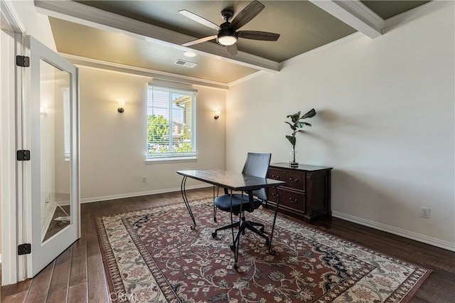 36702 Doreen Dr, Murrieta, CA 92563 - office space with ornamental molding, a ceiling fan, dark wood-type flooring, beamed ceiling, and baseboards