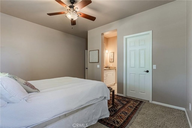 36702 Doreen Dr, Murrieta, CA 92563 - bedroom with carpet, baseboards, ensuite bath, and ceiling fan