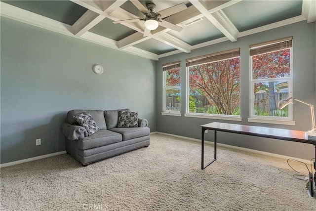 36702 Doreen Dr, Murrieta, CA 92563 - carpeted living room with coffered ceiling, beam ceiling, baseboards, ceiling fan, and ornamental molding
