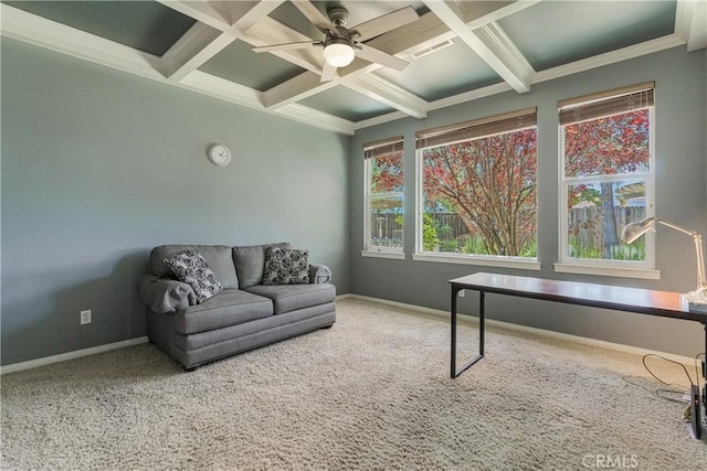 36702 Doreen Dr, Murrieta, CA 92563 - living area with coffered ceiling, carpet, beamed ceiling, ceiling fan, and ornamental molding