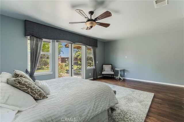36702 Doreen Dr, Murrieta, CA 92563 - bedroom featuring wood finished floors, baseboards, access to exterior, and ceiling fan