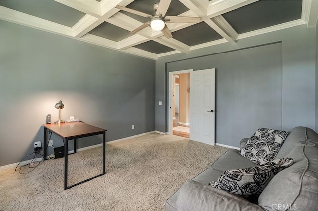36702 Doreen Dr, Murrieta, CA 92563 - office area featuring beam ceiling, coffered ceiling, ceiling fan, and carpet