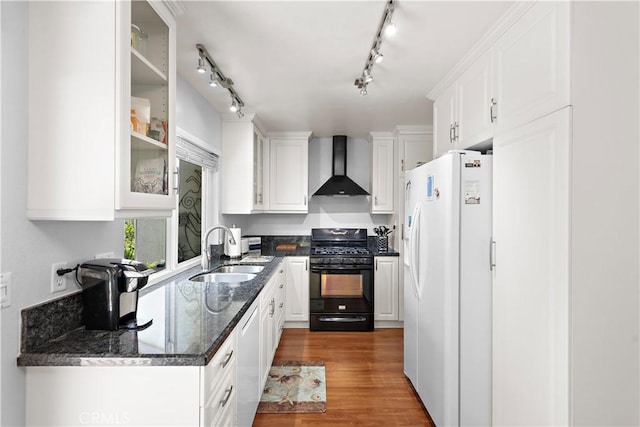 27972 Via Chocano, Mission Viejo, CA 92692 - kitchen with wall chimney range hood, white appliances, a sink, and white cabinets
