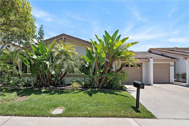 27972 Via Chocano, Mission Viejo, CA 92692 - view of property hidden behind natural elements featuring stucco siding, a front yard, an attached garage, concrete driveway, and a tiled roof