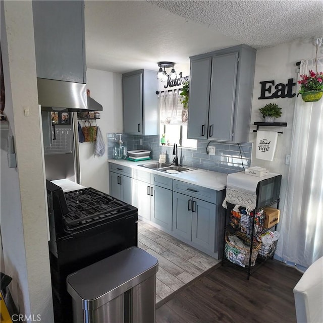 9754 5th Ave, Hesperia, CA 92345 - kitchen with a sink, light wood-style flooring, decorative backsplash, light countertops, and under cabinet range hood