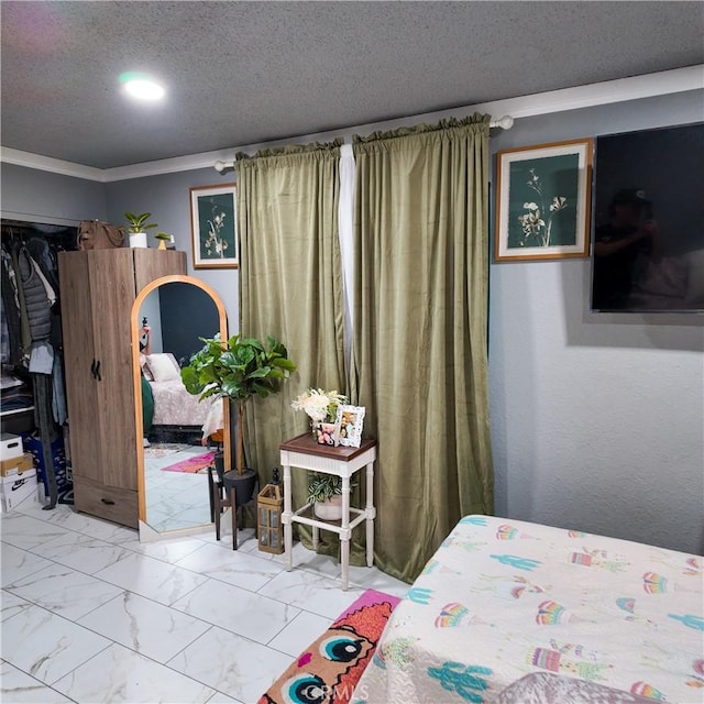 9754 5th Ave, Hesperia, CA 92345 - bedroom with marble finish flooring, a textured ceiling, and crown molding