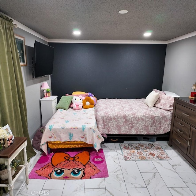 9754 5th Ave, Hesperia, CA 92345 - bedroom with a textured ceiling, recessed lighting, ornamental molding, and light marble finish flooring